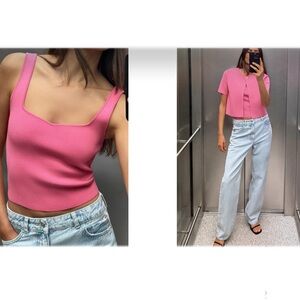 Zara set pink smooth knit crop cardigan and basic knit crop top